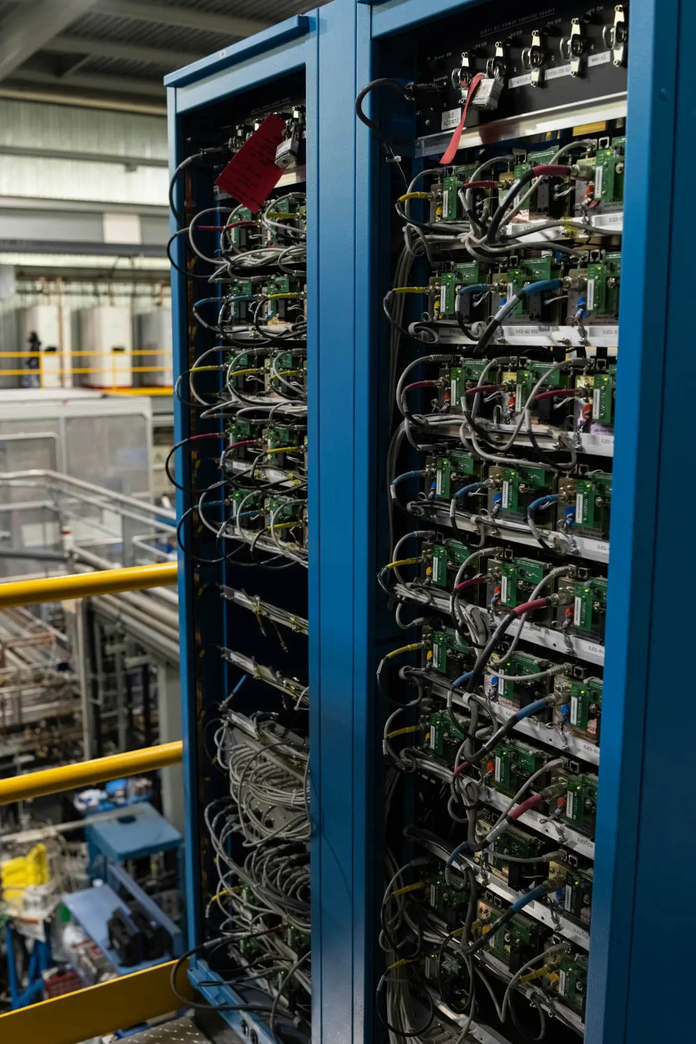 Racks of networked servers inside a data center
